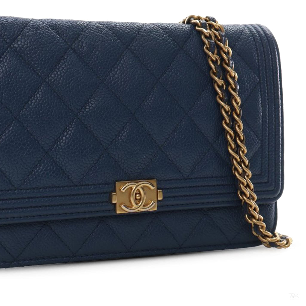 Second hand Chanel Boy Caviar Leather Quilted Wallet on Chain Crossbody Blue - Tabita Bags