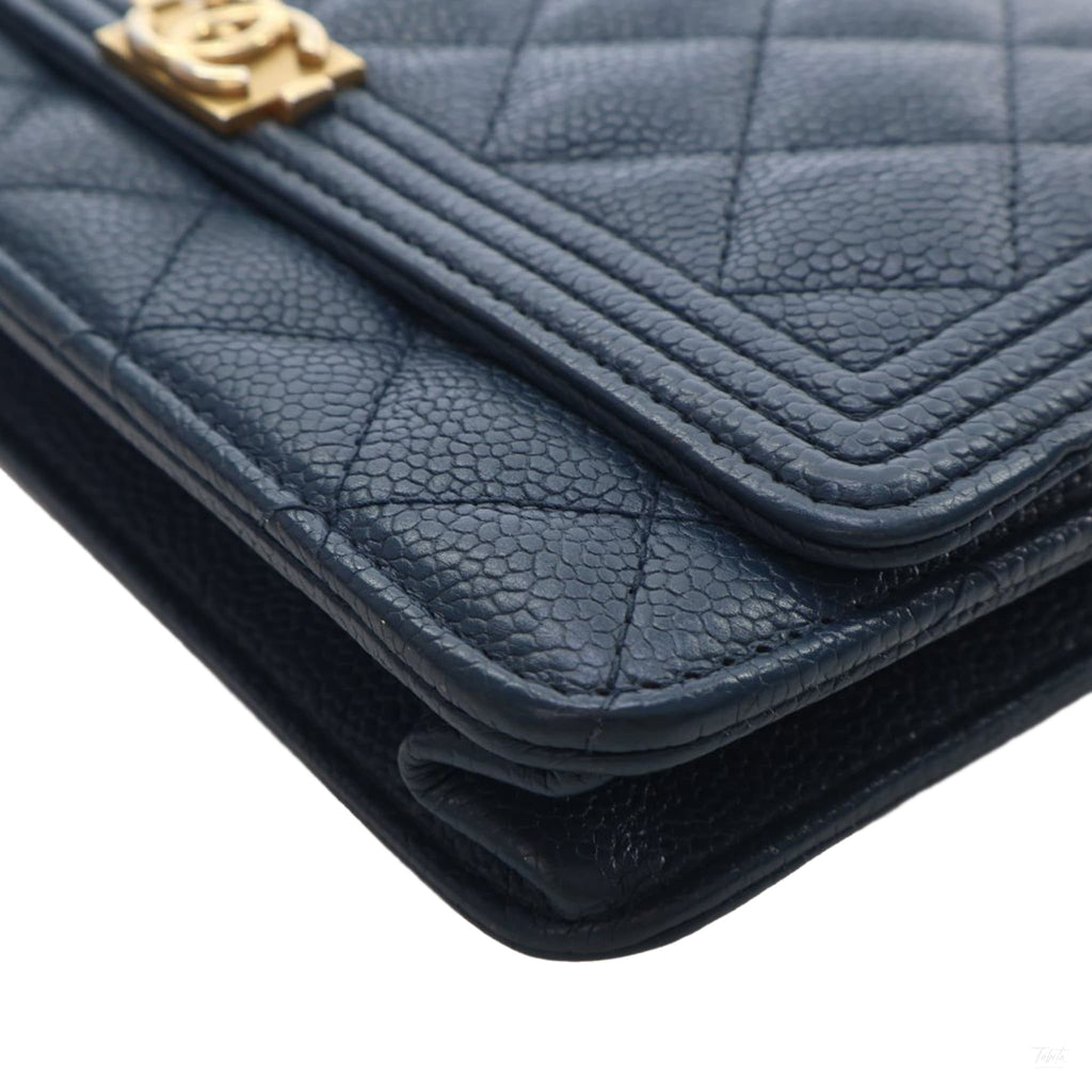 Second hand Chanel Boy Caviar Leather Quilted Wallet on Chain Crossbody Blue - Tabita Bags