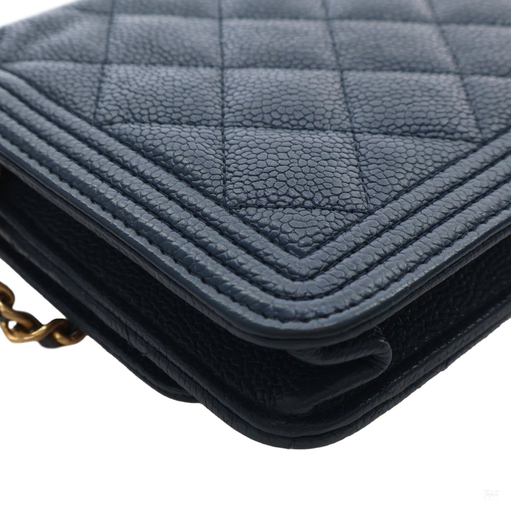 Second hand Chanel Boy Caviar Leather Quilted Wallet on Chain Crossbody Blue - Tabita Bags