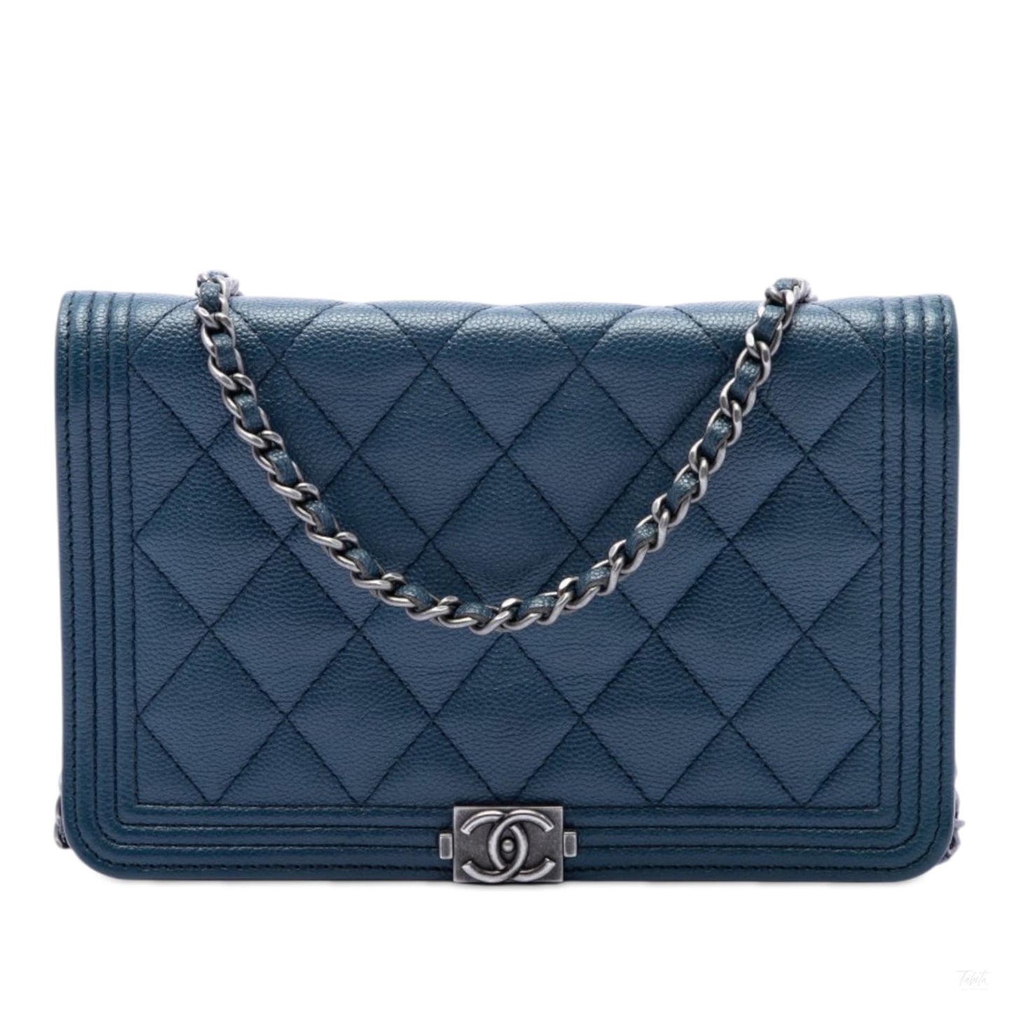Second hand Chanel Boy Caviar Leather Quilted Wallet on Chain Crossbody Blue - Tabita Bags