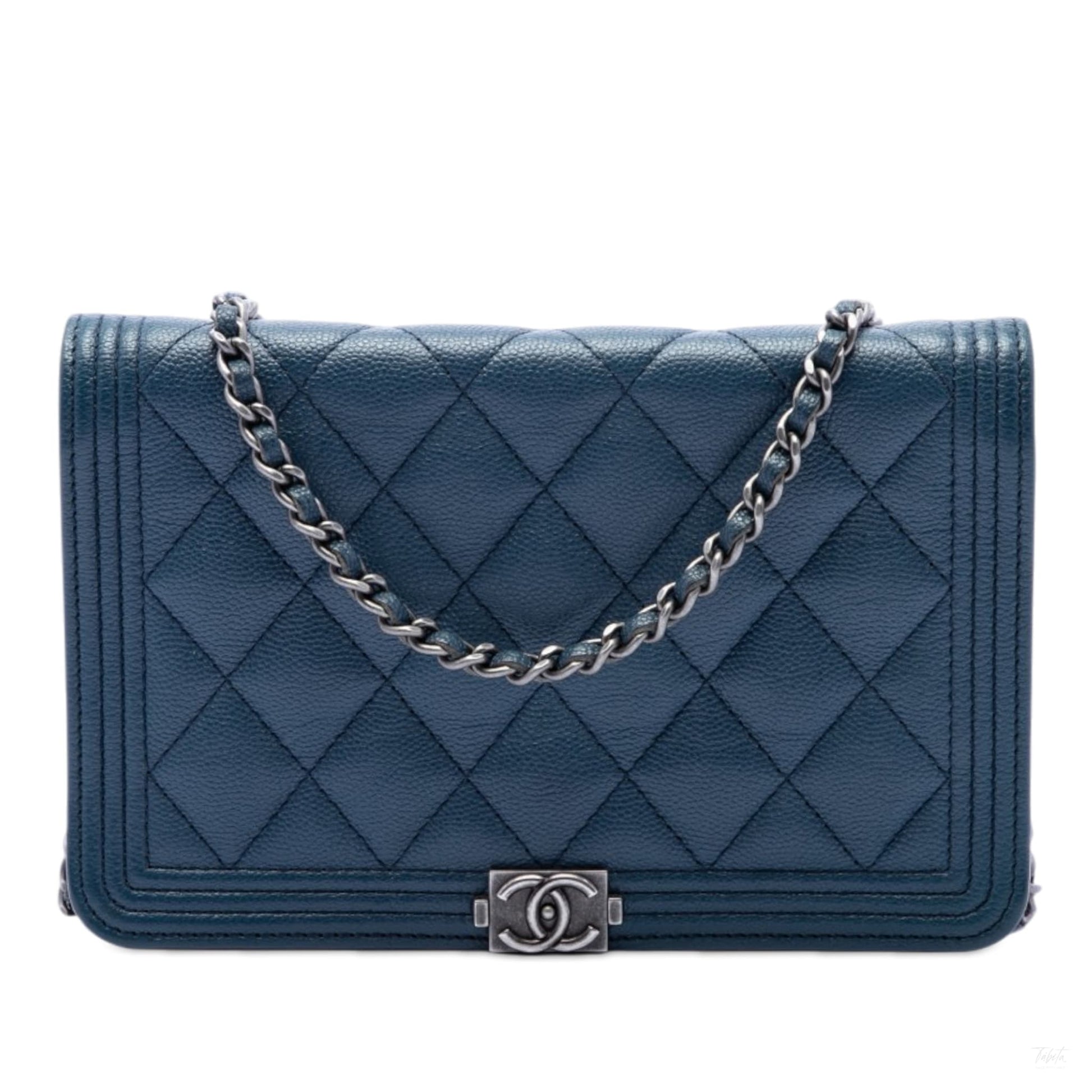 Second hand Chanel Boy Caviar Leather Quilted Wallet on Chain Crossbody Blue - Tabita Bags
