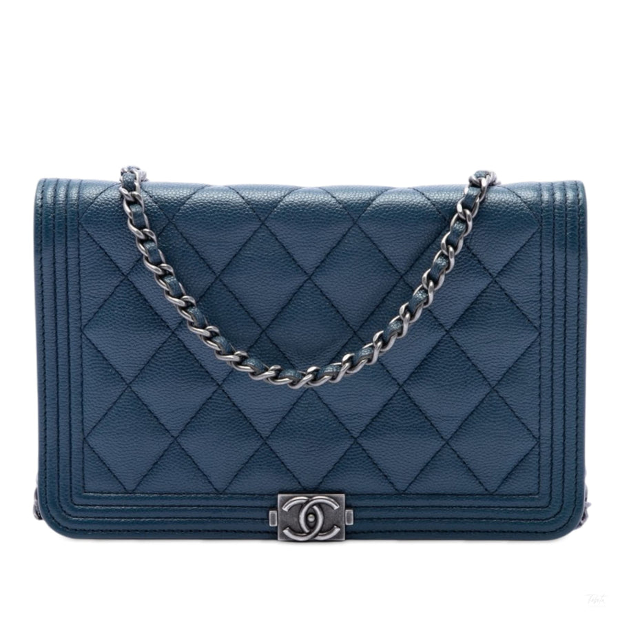 Second hand Chanel Boy Caviar Leather Quilted Wallet on Chain Crossbody Blue - Tabita Bags