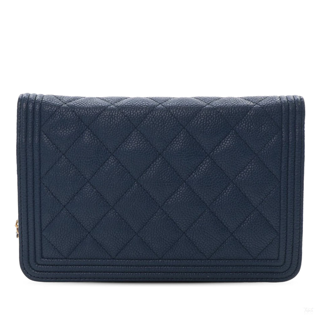 Second hand Chanel Boy Caviar Leather Quilted Wallet on Chain Crossbody Blue - Tabita Bags
