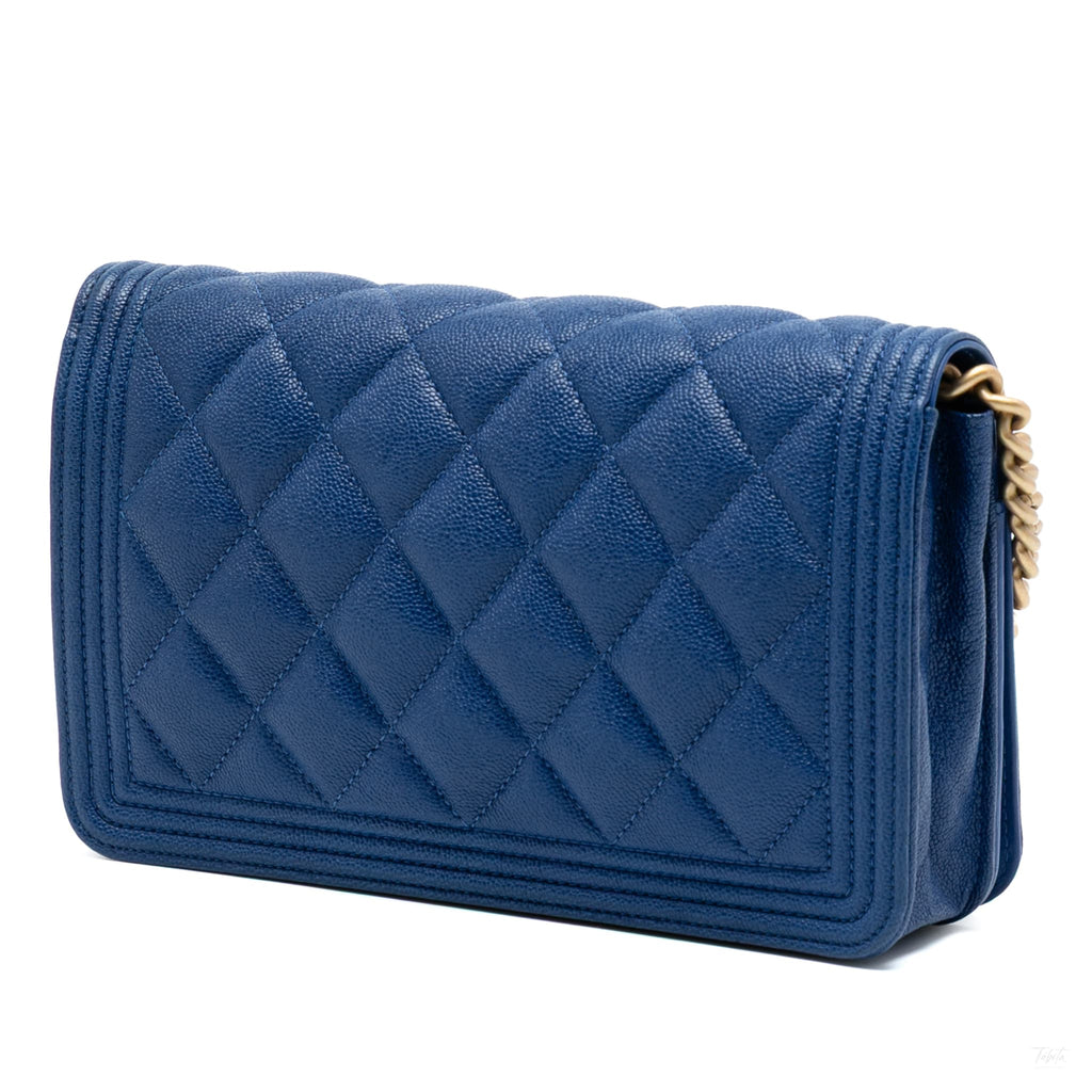 Second hand Chanel Boy Caviar Leather Quilted Wallet on Chain Crossbody Blue - Tabita Bags