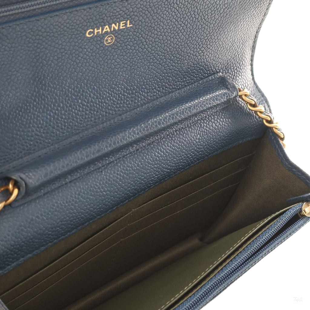 Second hand Chanel Boy Caviar Leather Quilted Wallet on Chain Crossbody Blue - Tabita Bags