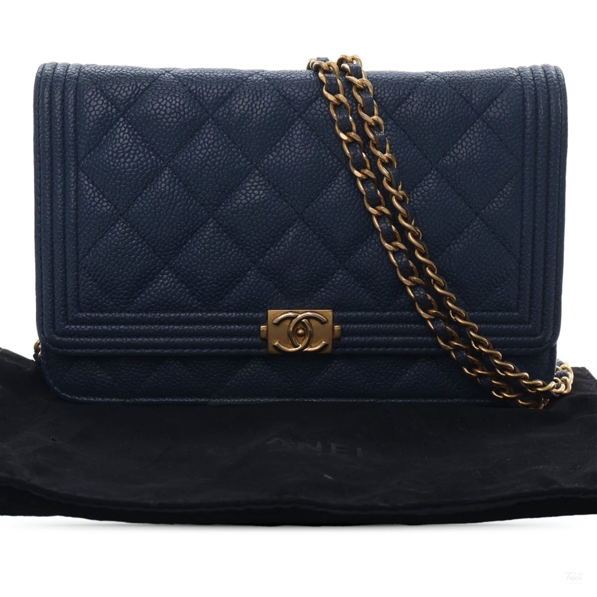 Second hand Chanel Boy Caviar Leather Quilted Wallet on Chain Crossbody Blue - Tabita Bags