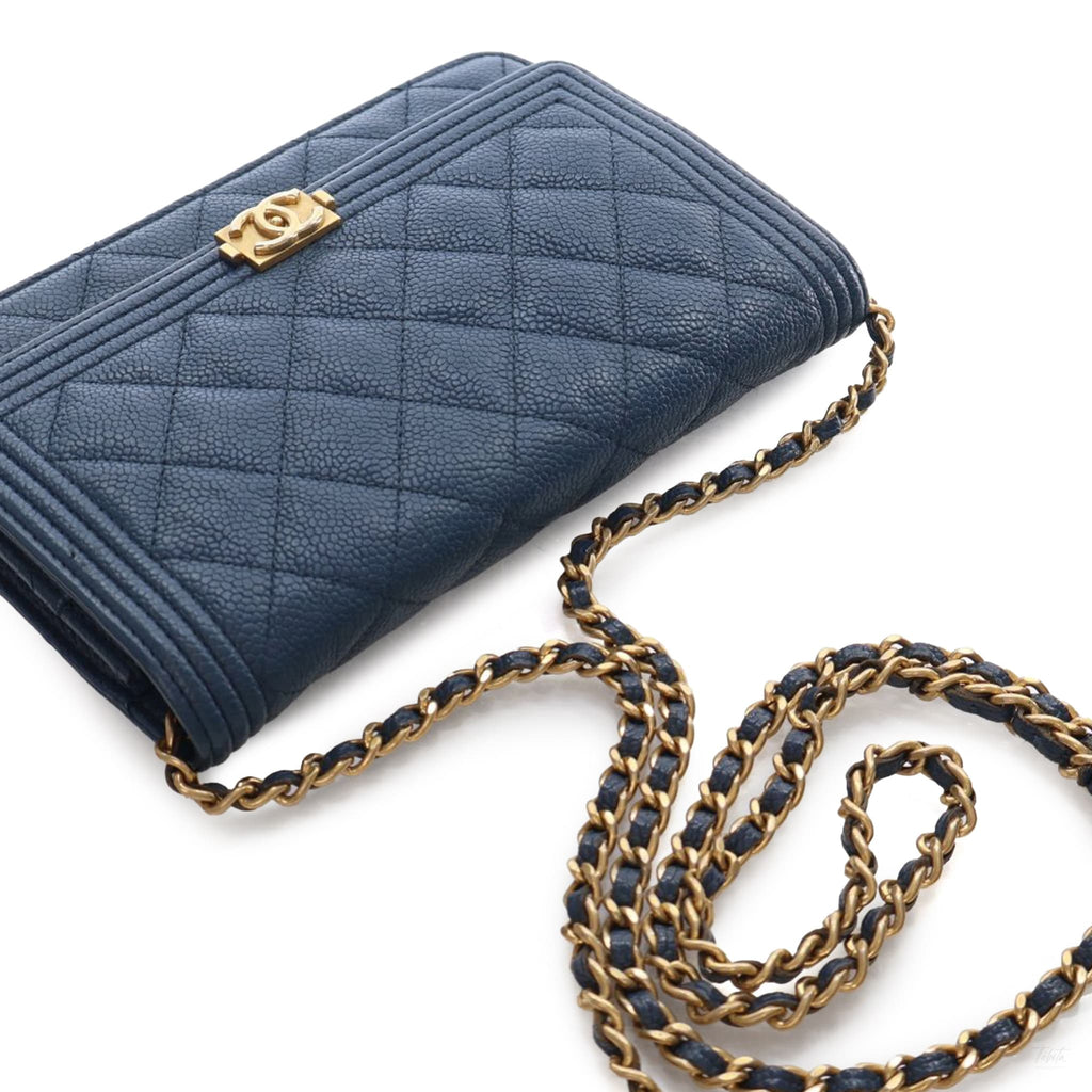 Second hand Chanel Boy Caviar Leather Quilted Wallet on Chain Crossbody Blue - Tabita Bags