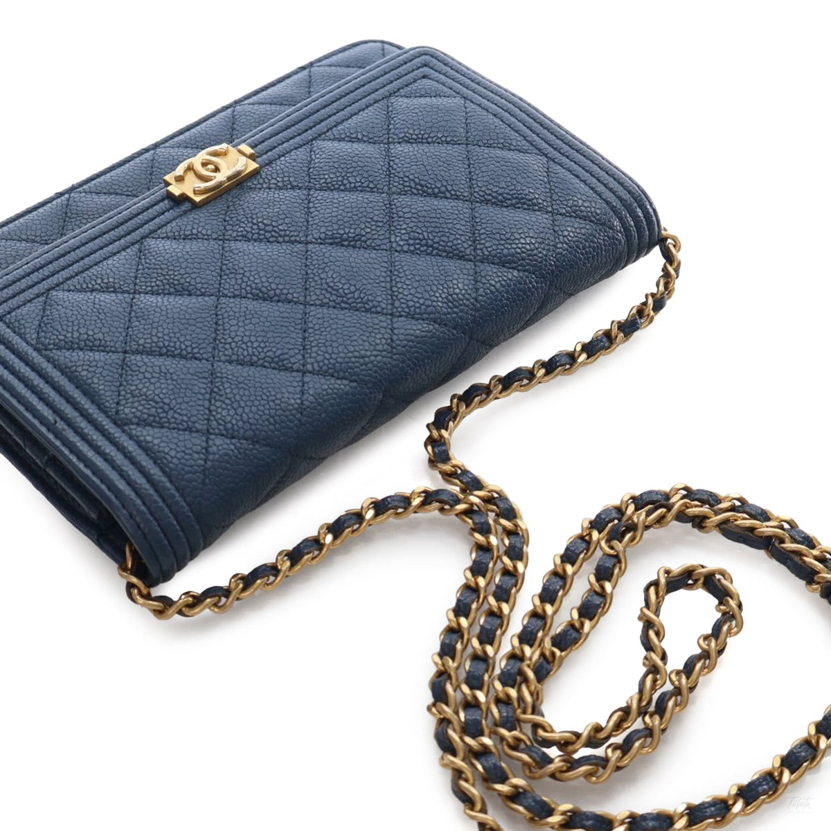 Second hand Chanel Boy Caviar Leather Quilted Wallet on Chain Crossbody Blue - Tabita Bags