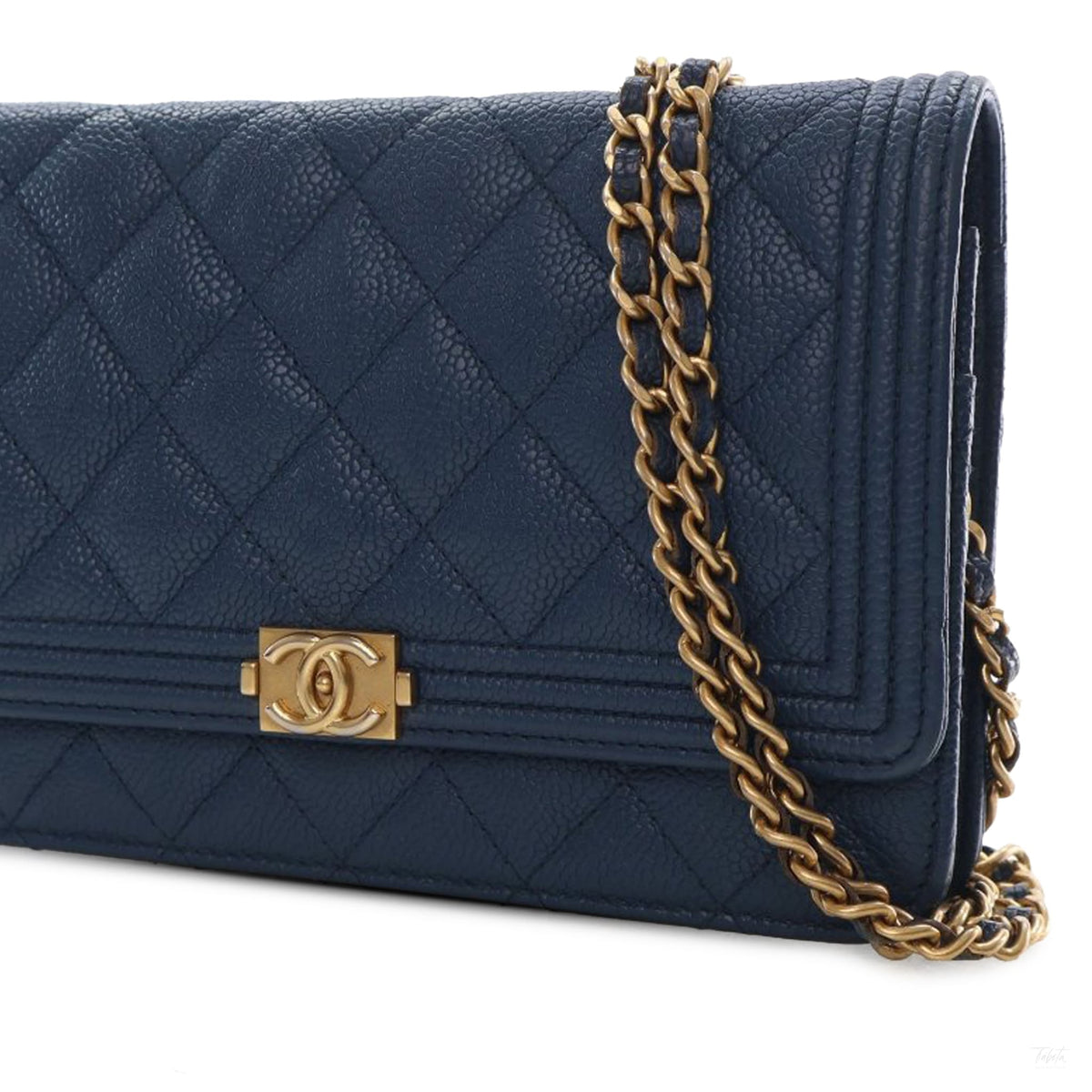 Second hand Chanel Boy Caviar Leather Quilted Wallet on Chain Crossbody Blue - Tabita Bags