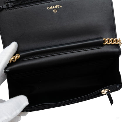 Second hand Chanel Boy Lambskin Leather Chevron Wallet on Chain Crossbody Black - Tabita Bags
