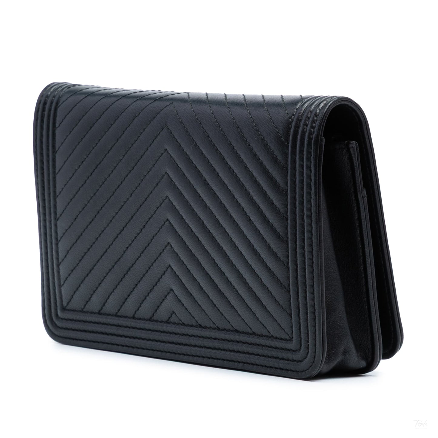 Second hand Chanel Boy Lambskin Leather Chevron Wallet on Chain Crossbody Black - Tabita Bags