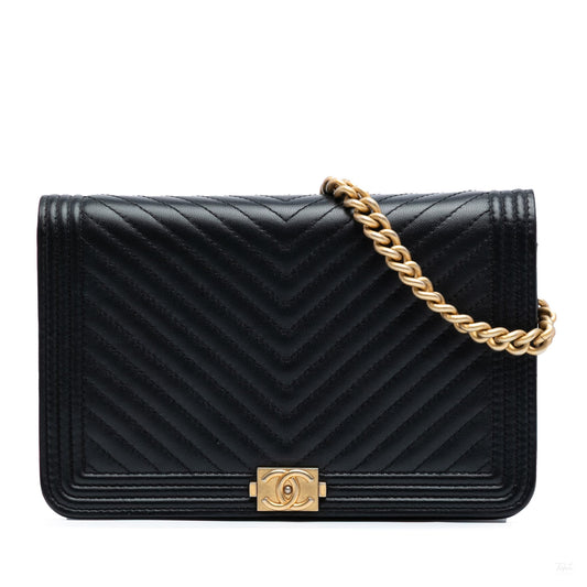Second hand Chanel Boy Lambskin Leather Chevron Wallet on Chain Crossbody Black - Tabita Bags