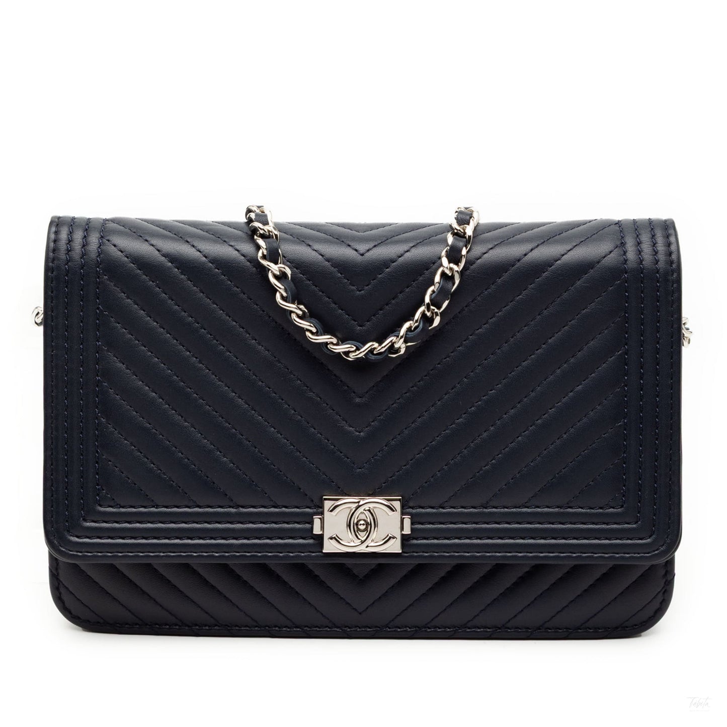 Second hand Chanel Boy Lambskin Leather Chevron Wallet on Chain Crossbody Blue - Tabita Bags