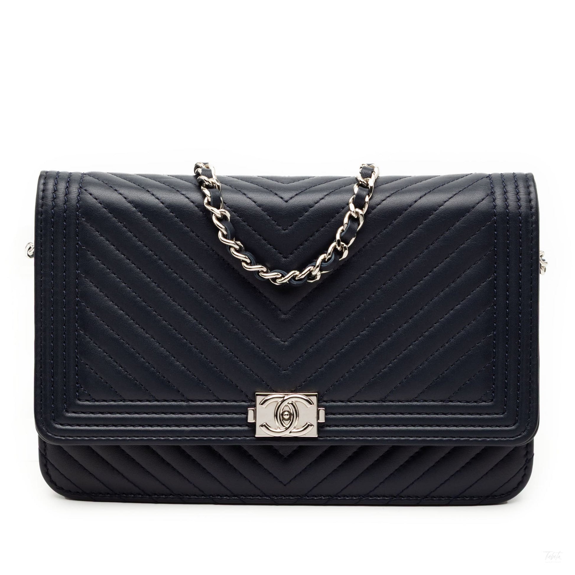 Second hand Chanel Boy Lambskin Leather Chevron Wallet on Chain Crossbody Blue - Tabita Bags