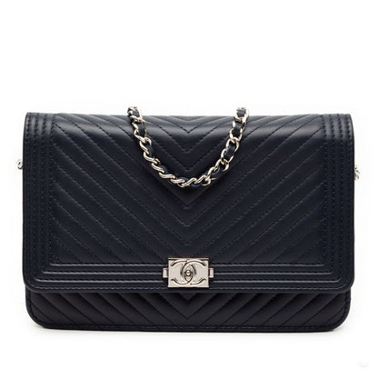Second hand Chanel Boy Lambskin Leather Chevron Wallet on Chain Crossbody Blue - Tabita Bags