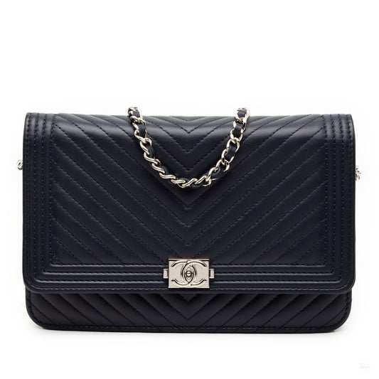 Second hand Chanel Boy Lambskin Leather Chevron Wallet on Chain Crossbody Blue - Tabita Bags