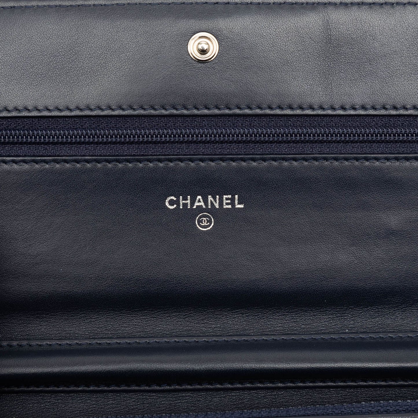 Second hand Chanel Boy Lambskin Leather Chevron Wallet on Chain Crossbody Blue - Tabita Bags