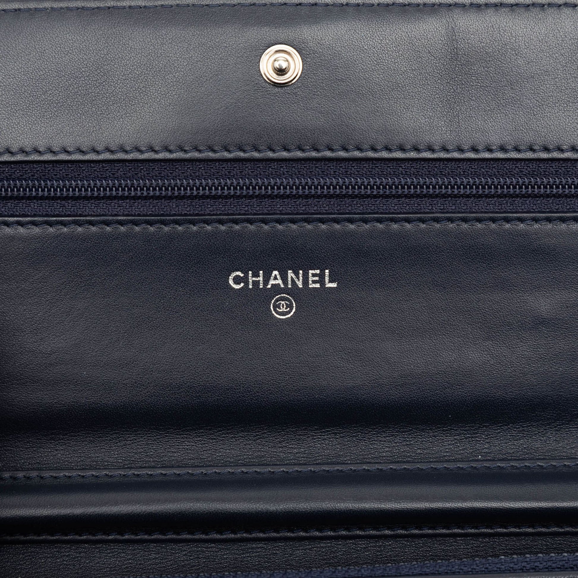 Second hand Chanel Boy Lambskin Leather Chevron Wallet on Chain Crossbody Blue - Tabita Bags