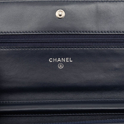 Second hand Chanel Boy Lambskin Leather Chevron Wallet on Chain Crossbody Blue - Tabita Bags