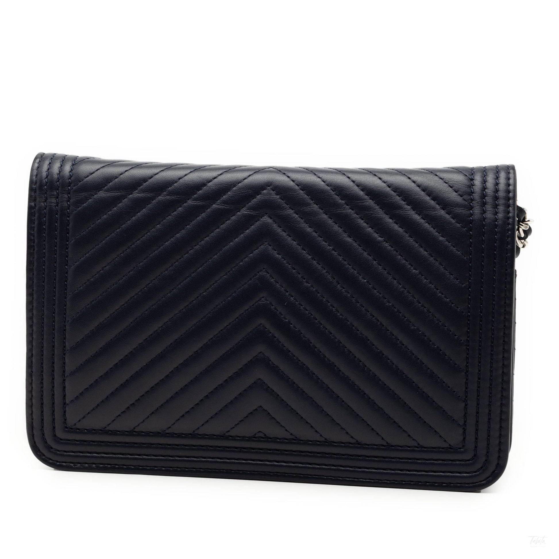Second hand Chanel Boy Lambskin Leather Chevron Wallet on Chain Crossbody Blue - Tabita Bags