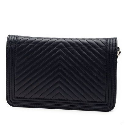 Second hand Chanel Boy Lambskin Leather Chevron Wallet on Chain Crossbody Blue - Tabita Bags