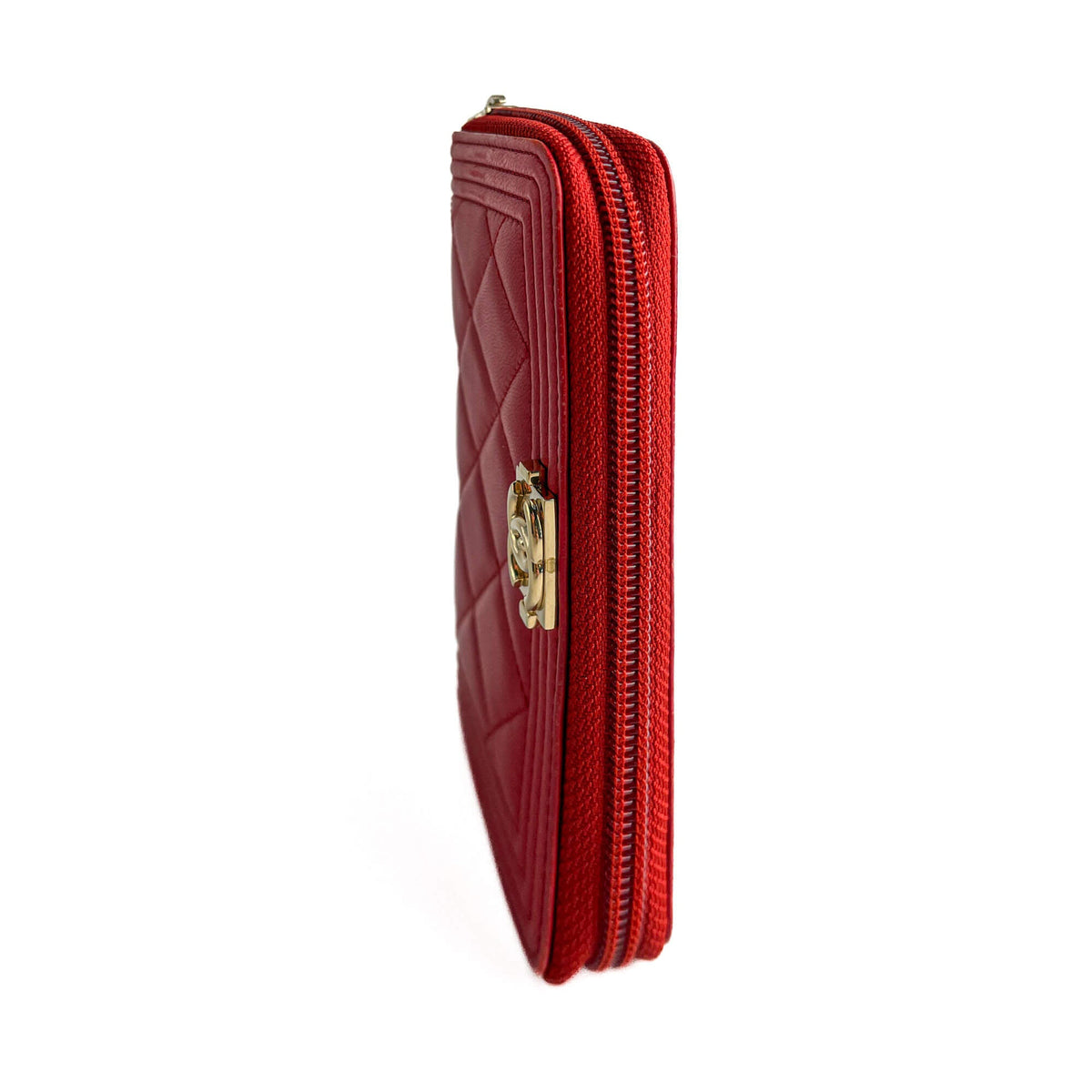 Second hand Chanel Boy Lambskin Leather Matelassè Zip Wallet Raspberry Red - Tabita Bags