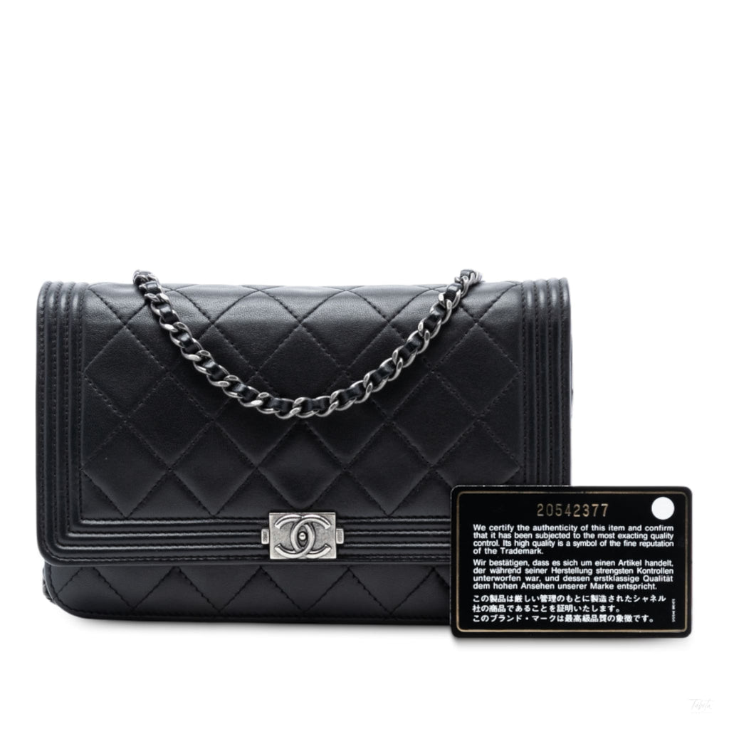 Second hand Chanel Boy Lambskin Leather Quilted Wallet on Chain Crossbody Black - Tabita Bags