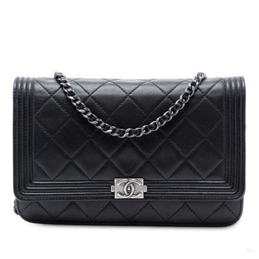 Second hand Chanel Boy Lambskin Leather Quilted Wallet on Chain Crossbody Black - Tabita Bags