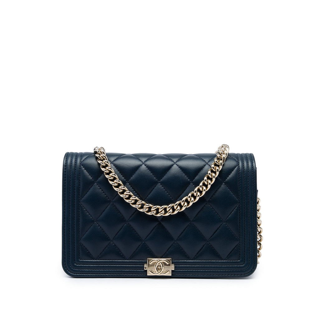 Second hand Chanel Boy Lambskin Leather Quilted Wallet on Chain Crossbody Blue - Tabita Bags