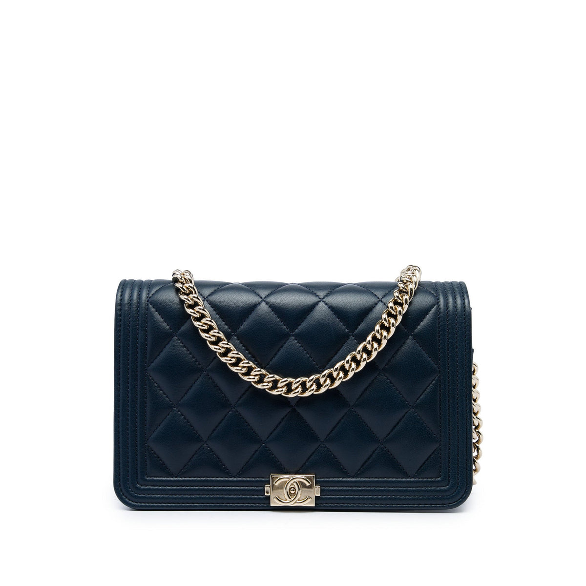 Second hand Chanel Boy Lambskin Leather Quilted Wallet on Chain Crossbody Blue - Tabita Bags