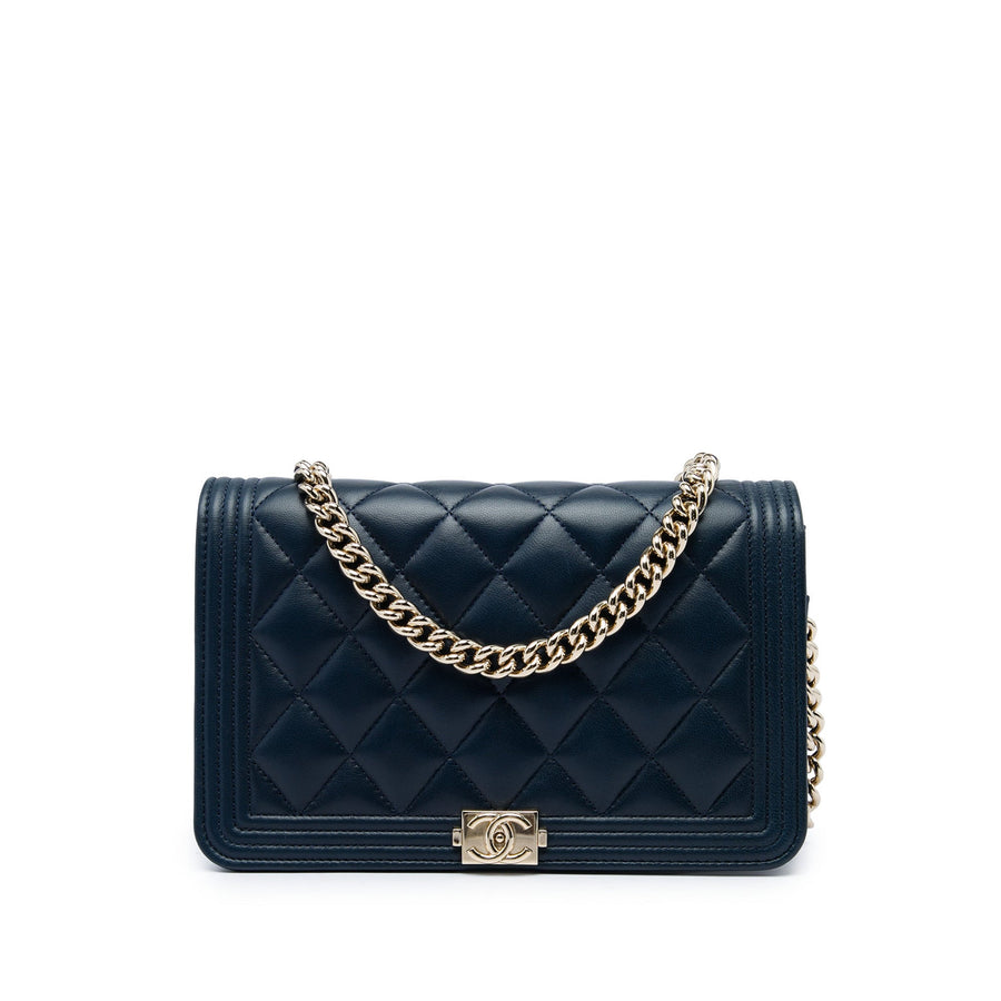 Second hand Chanel Boy Lambskin Leather Quilted Wallet on Chain Crossbody Blue - Tabita Bags