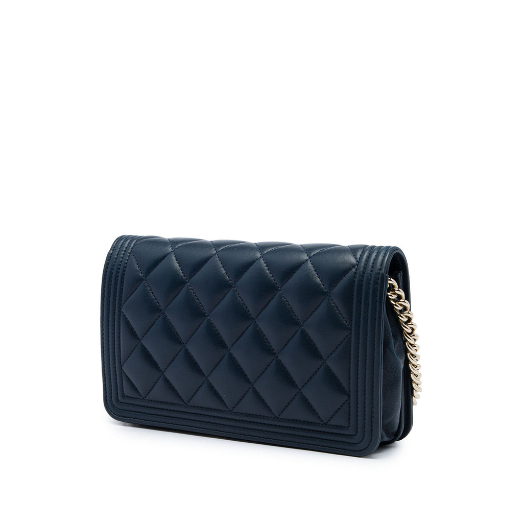 Second hand Chanel Boy Lambskin Leather Quilted Wallet on Chain Crossbody Blue - Tabita Bags