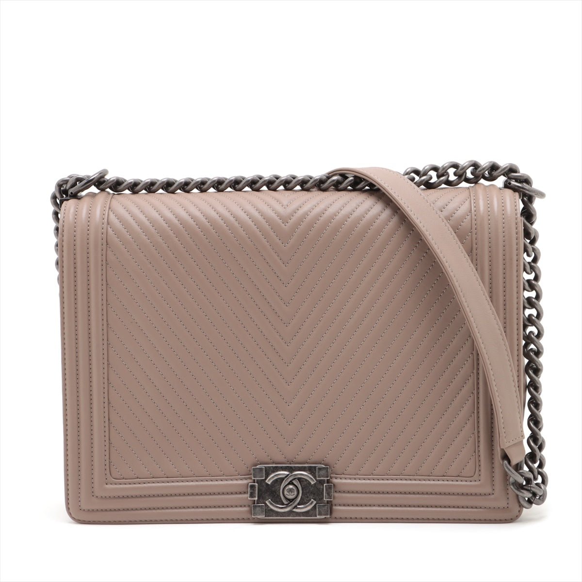 Second hand Chanel Boy Large 30 Chevron Calfskin Leather 2 - Ways Flap Bag Beige - Tabita Bags