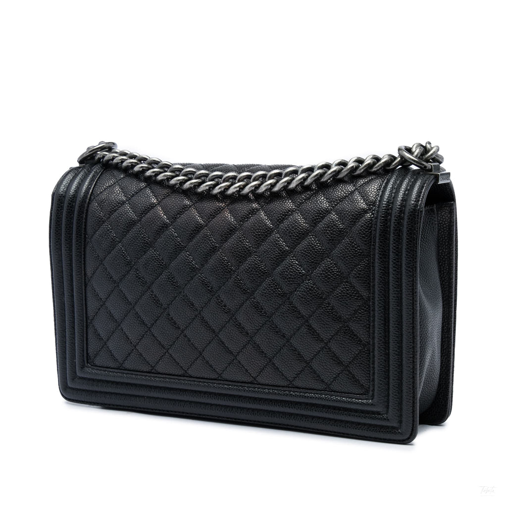 Second hand Chanel Boy Large Caviar Leather Quilted Flap Shoulder Bag Black - Tabita Bags