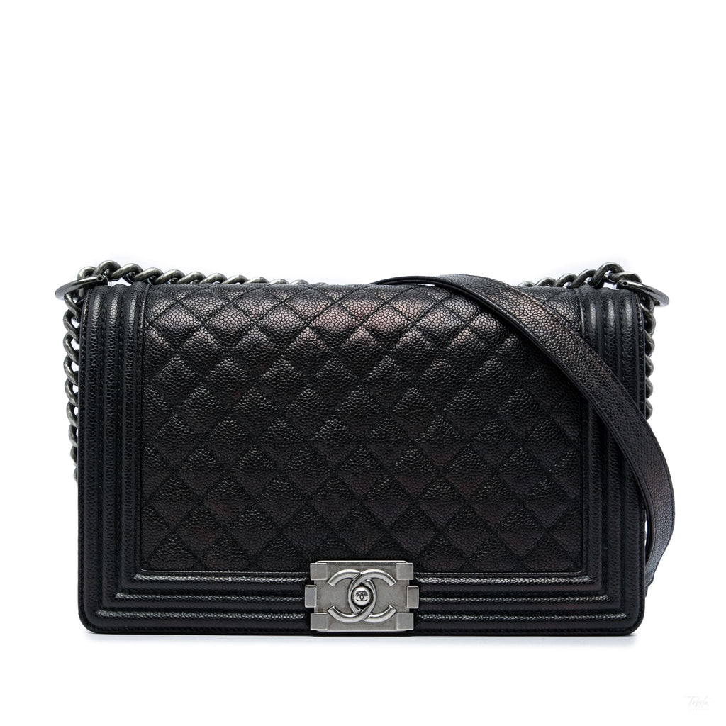 Second hand Chanel Boy Large Caviar Leather Quilted Flap Shoulder Bag Black - Tabita Bags