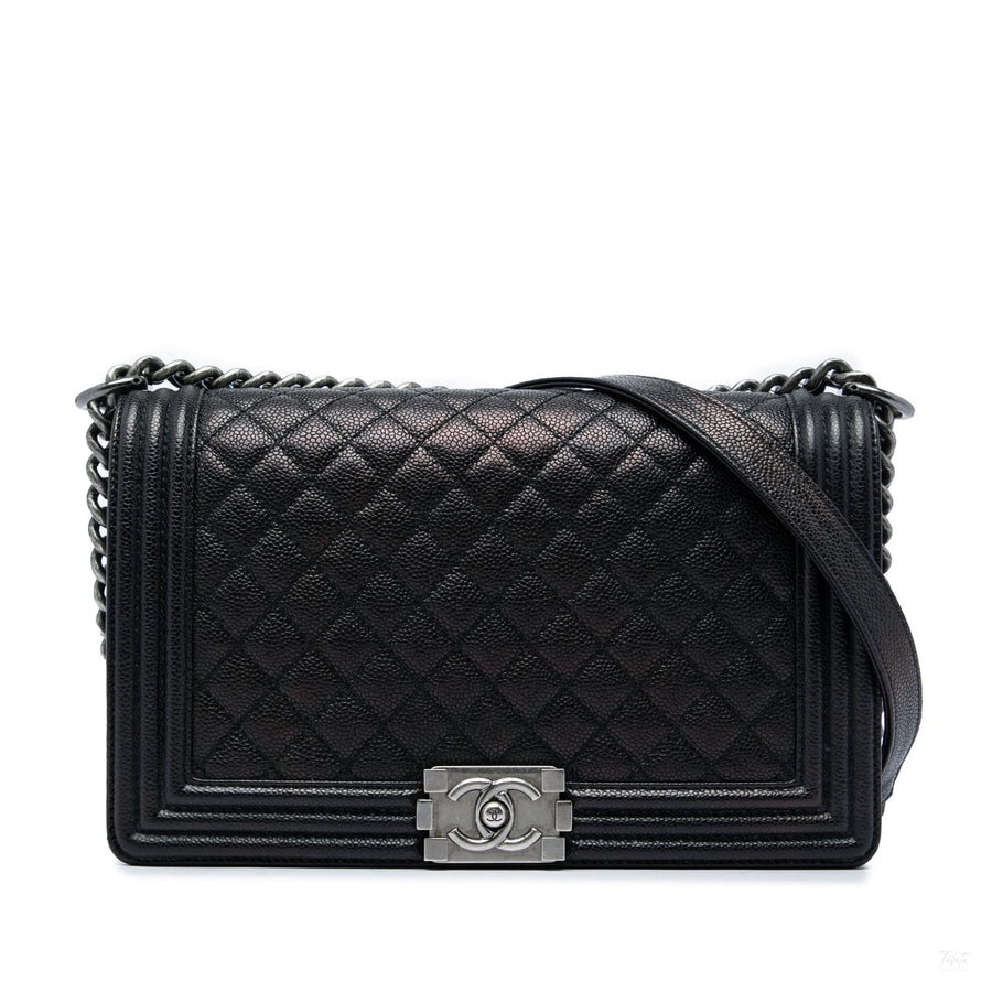 Second hand Chanel Boy Large Caviar Leather Quilted Flap Shoulder Bag Black - Tabita Bags