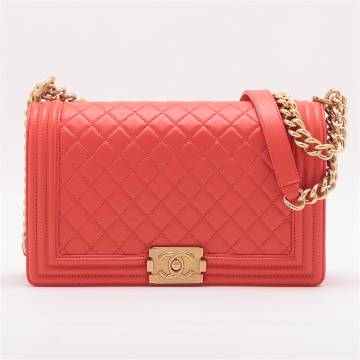 Second hand Chanel Boy Large Quilted Lambskin Leather 2 - Ways Flap Bag Coral Red - Tabita Bags