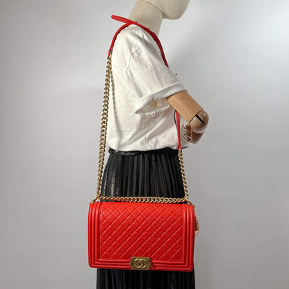 Second hand Chanel Boy Large Quilted Lambskin Leather 2 - Ways Flap Bag Coral Red - Tabita Bags