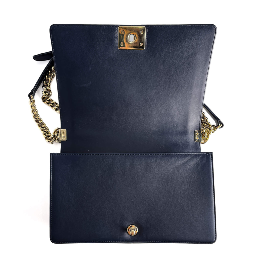 Second hand Chanel Boy Large Quilted Lambskin Leather 2 - Ways Flap Bag Navy - Tabita Bags