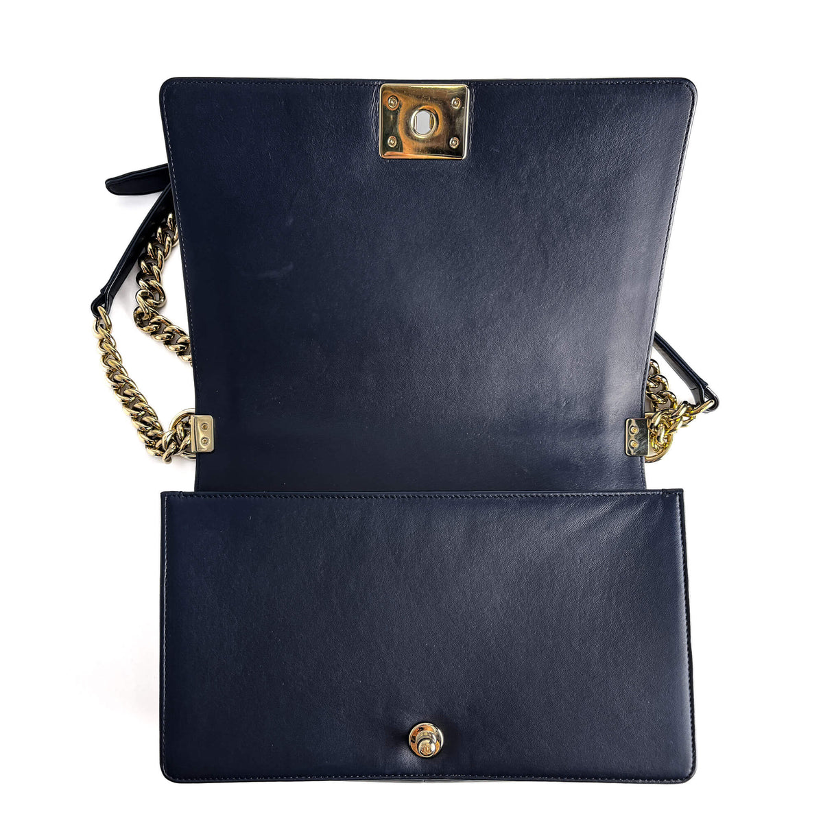 Second hand Chanel Boy Large Quilted Lambskin Leather 2 - Ways Flap Bag Navy - Tabita Bags