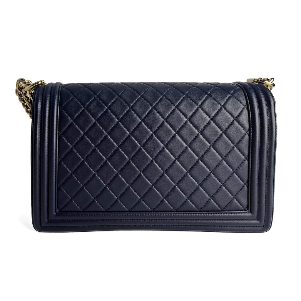Second hand Chanel Boy Large Quilted Lambskin Leather 2 - Ways Flap Bag Navy - Tabita Bags