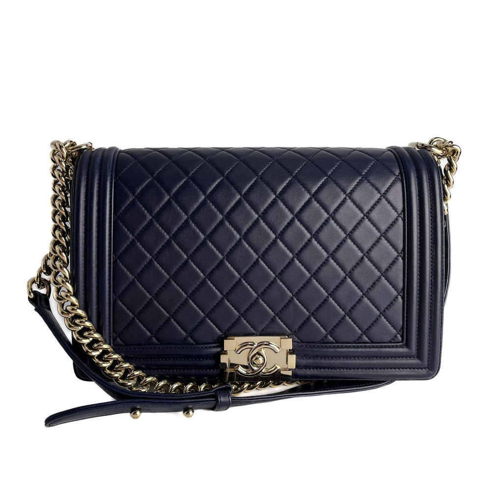 Second hand Chanel Boy Large Quilted Lambskin Leather 2 - Ways Flap Bag Navy - Tabita Bags
