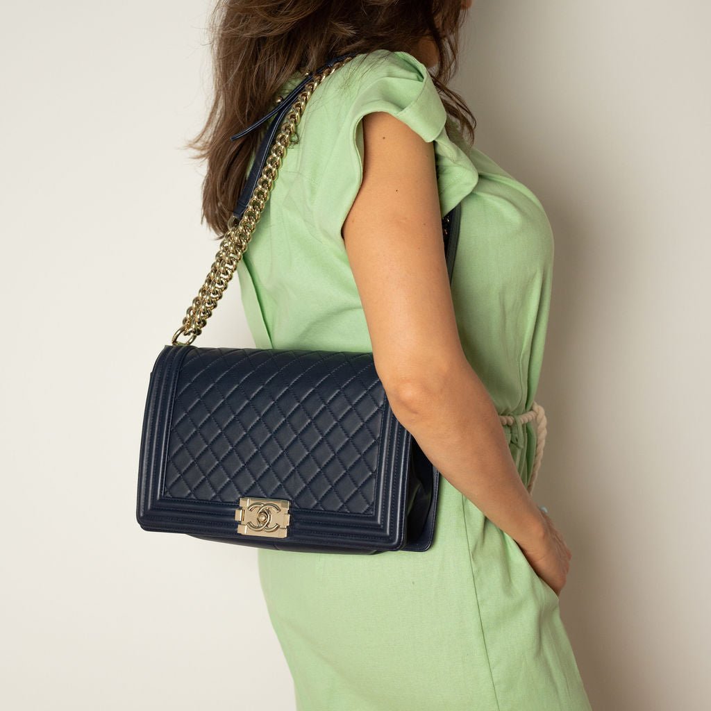 Second hand Chanel Boy Large Quilted Lambskin Leather 2 - Ways Flap Bag Navy - Tabita Bags