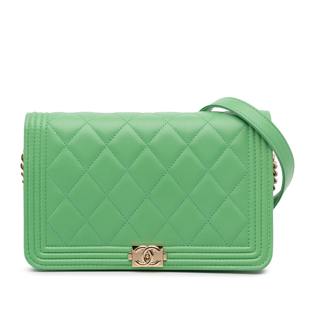 Second hand Chanel Boy Large Quilted Lambskin Leather Wallet on Chain Crossbody Green - Tabita Bags