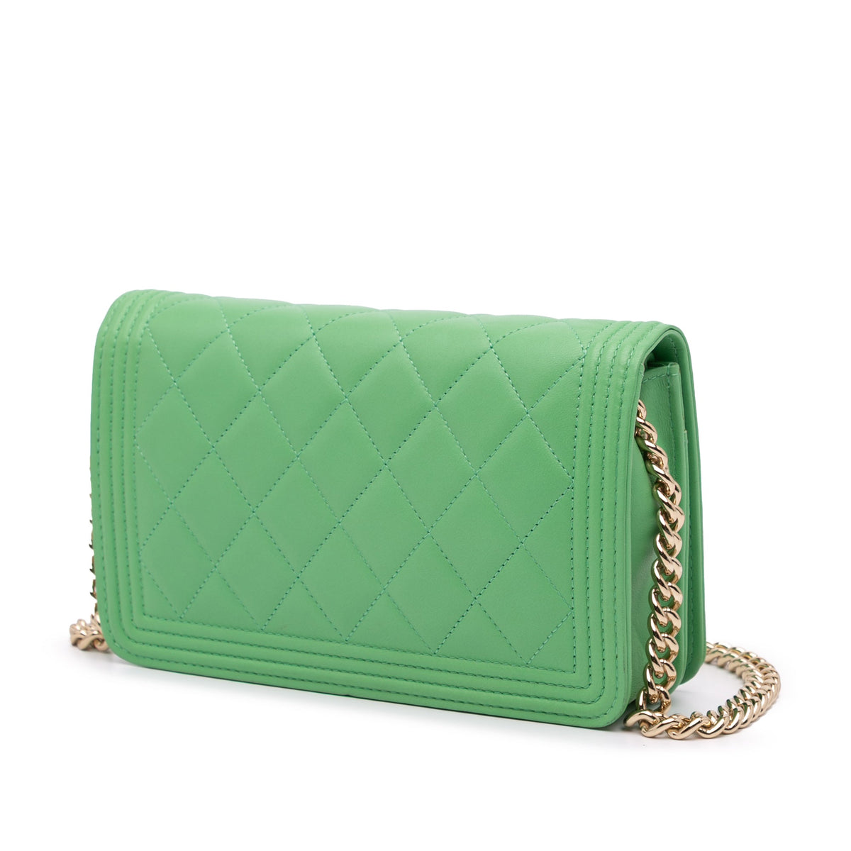 Second hand Chanel Boy Large Quilted Lambskin Leather Wallet on Chain Crossbody Green - Tabita Bags