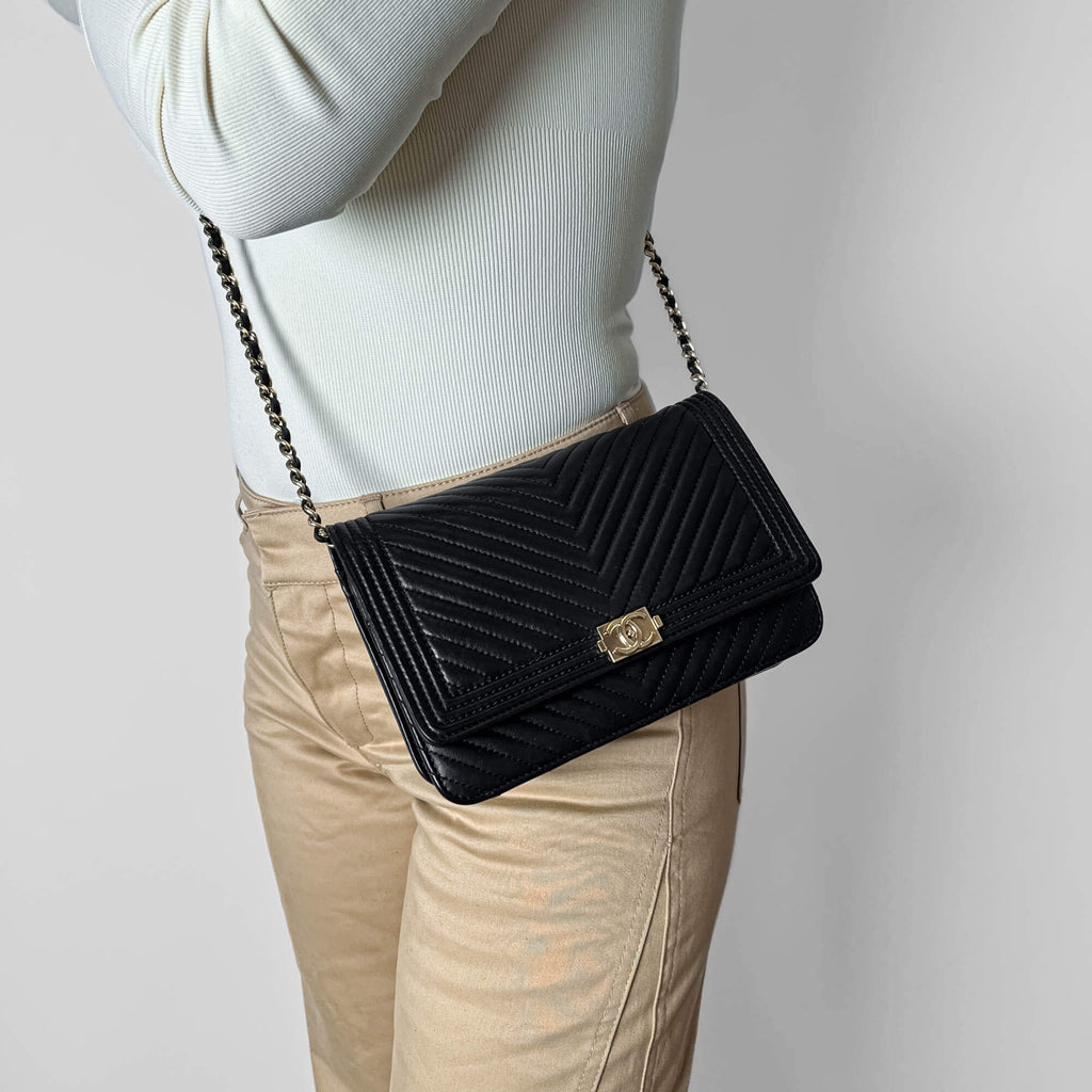 Second hand Chanel Boy Leather Wallet on Chain Clutch Black - Tabita Bags
