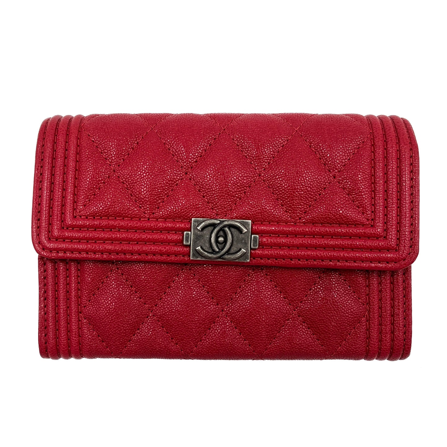 Second hand Chanel Boy Matelassè Caviar Leather Folding Wallet Cherry Red - Tabita Bags