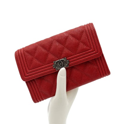 Second hand Chanel Boy Matelassè Caviar Leather Folding Wallet Cherry Red - Tabita Bags