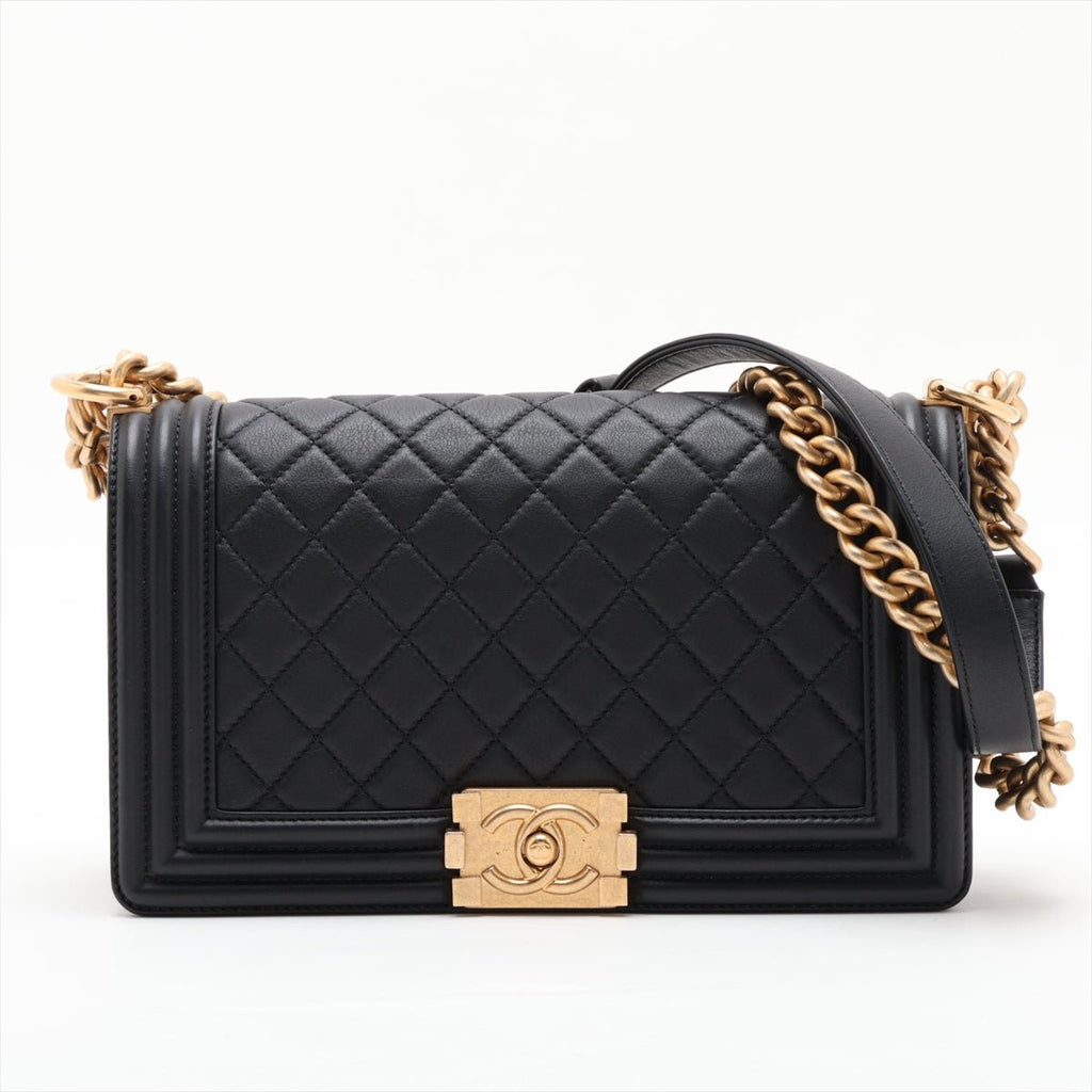 Second hand Chanel Boy Medium Calfskin Leather Double Stitch Quilted Shoulder Bag Black - Tabita Bags