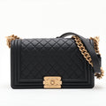 Second hand Chanel Boy Medium Calfskin Leather Double Stitch Quilted Shoulder Bag Black - Tabita Bags